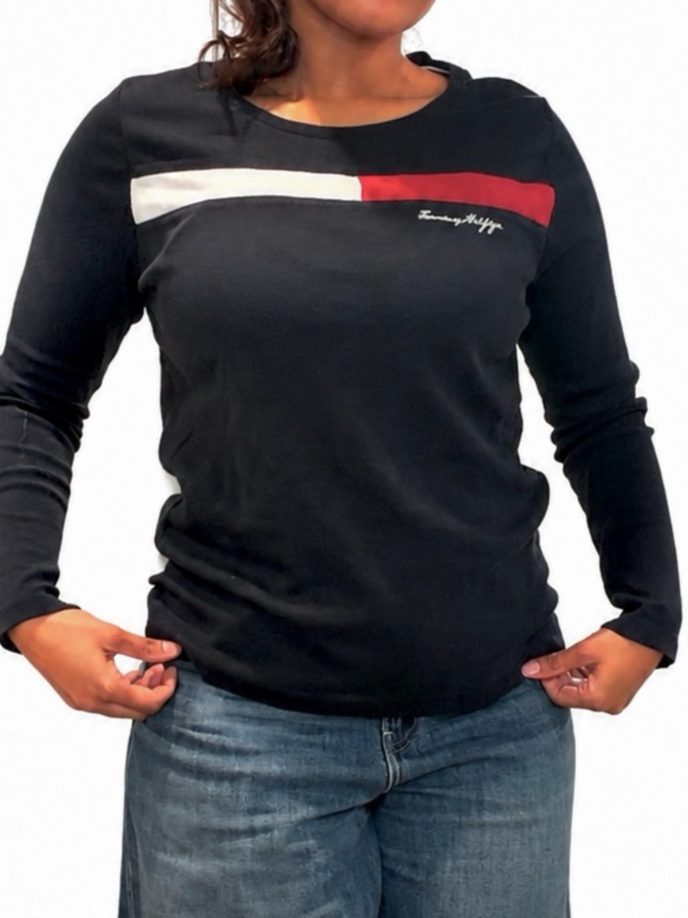 Tommy Hilfiger Black Long Sleeve Tee with Red & White Chest Stripe
